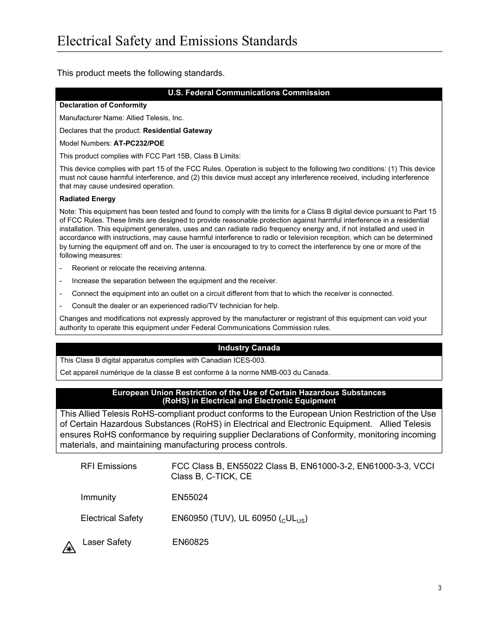 Electrical safety and emissions standards | Allied Telesis AT-PC232/POE User Manual | Page 3 / 62