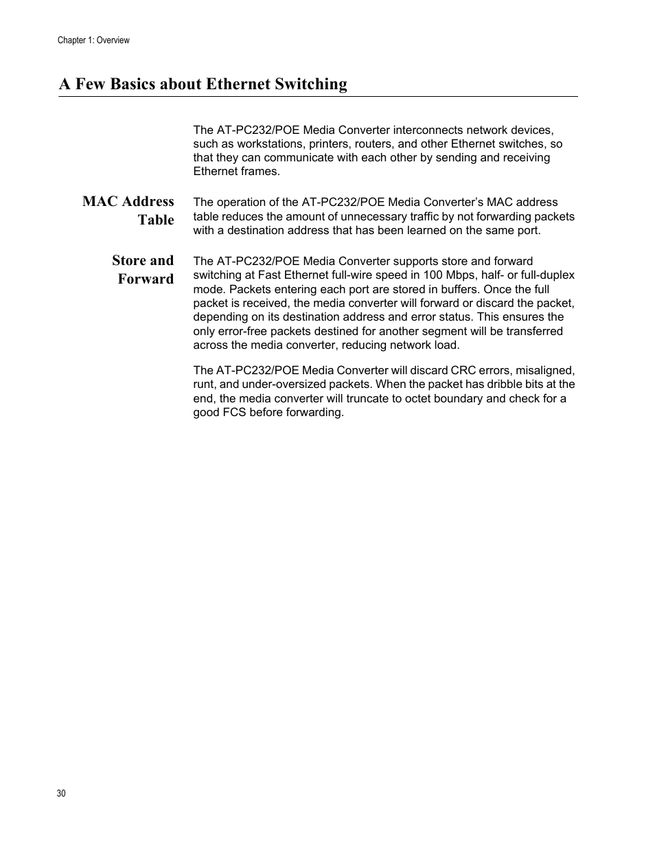 A few basics about ethernet switching, Mac address table, Store and forward | Mac address table store and forward | Allied Telesis AT-PC232/POE User Manual | Page 30 / 62