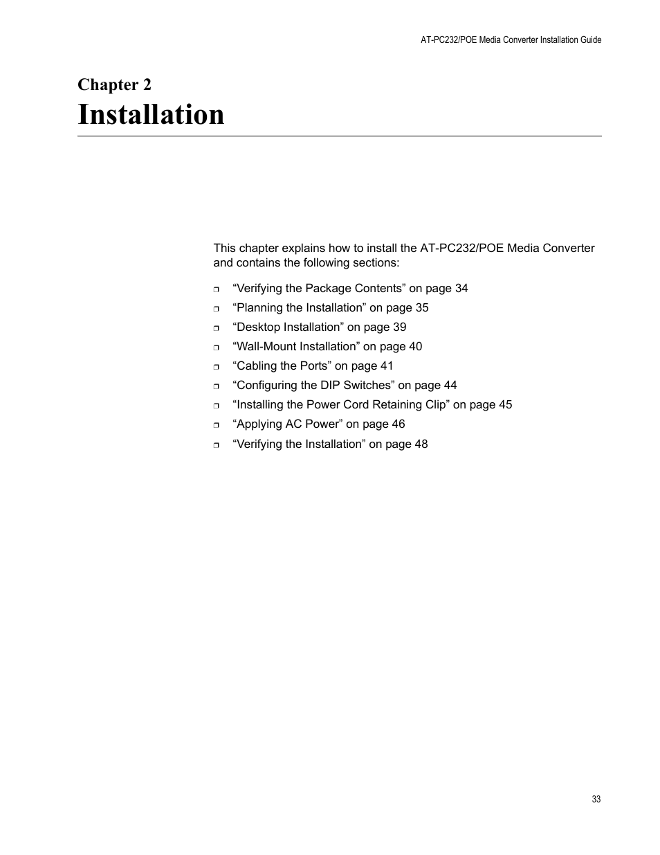 Chapter 2, Installation, R 2: installation | Allied Telesis AT-PC232/POE User Manual | Page 33 / 62