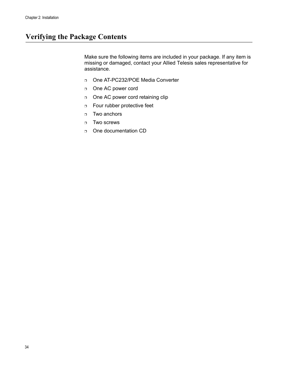 Verifying the package contents | Allied Telesis AT-PC232/POE User Manual | Page 34 / 62