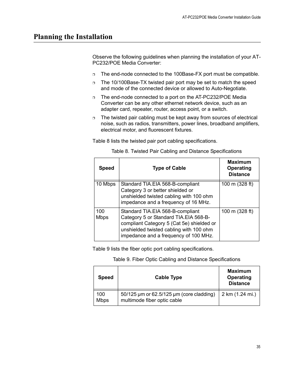 Planning the installation | Allied Telesis AT-PC232/POE User Manual | Page 35 / 62