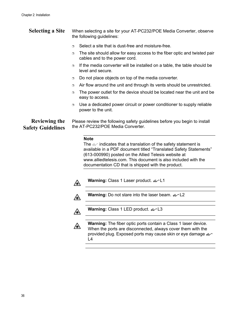 Selecting a site, Reviewing the safety guidelines, Selecting a site reviewing the safety guidelines | Allied Telesis AT-PC232/POE User Manual | Page 36 / 62