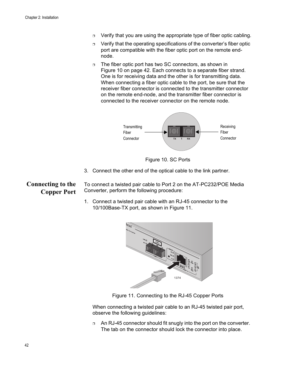 Connecting to the copper port | Allied Telesis AT-PC232/POE User Manual | Page 42 / 62