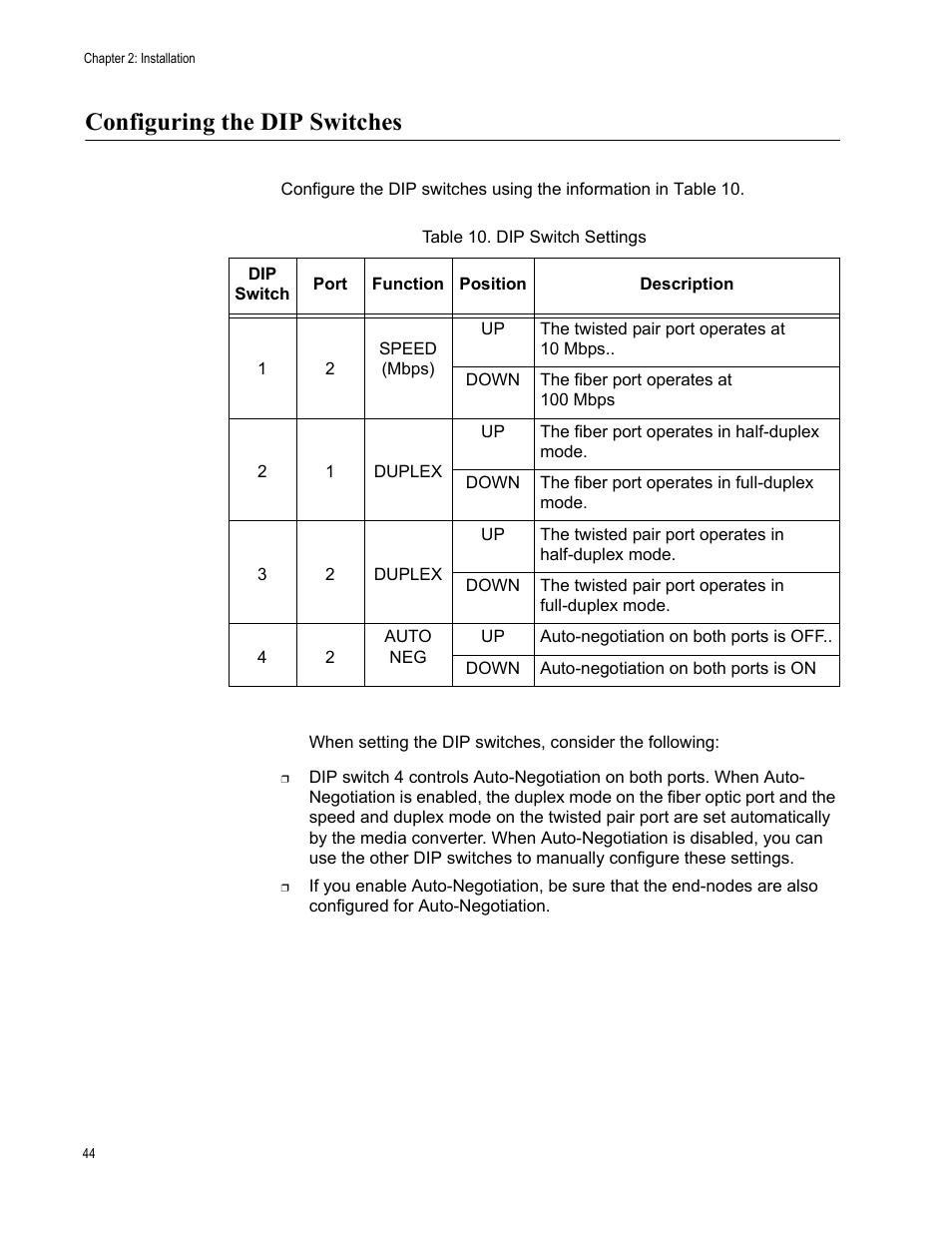 Configuring the dip switches, Table 10. dip switch settings | Allied Telesis AT-PC232/POE User Manual | Page 44 / 62