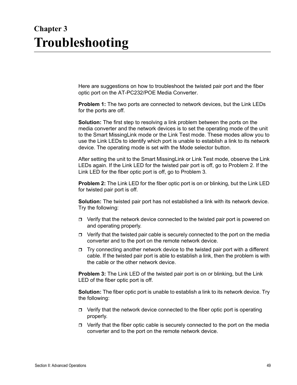 Chapter 3, Troubleshooting, R 3: troubleshooting | Allied Telesis AT-PC232/POE User Manual | Page 49 / 62