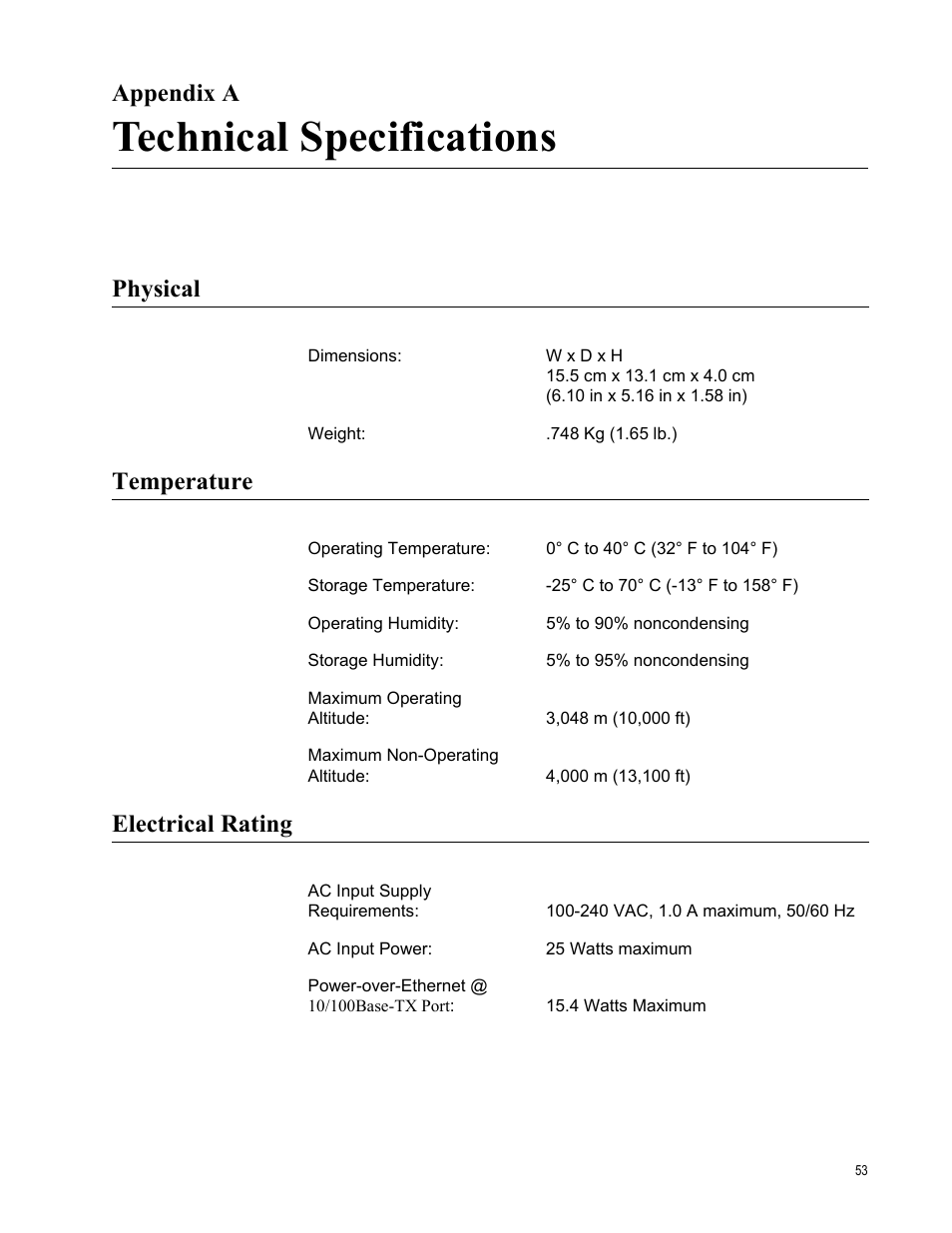 Appendix a, Technical specifications, Physical | Temperature, Electrical rating, Appendix a: technical specifications, Physical temperature electrical rating | Allied Telesis AT-PC232/POE User Manual | Page 53 / 62