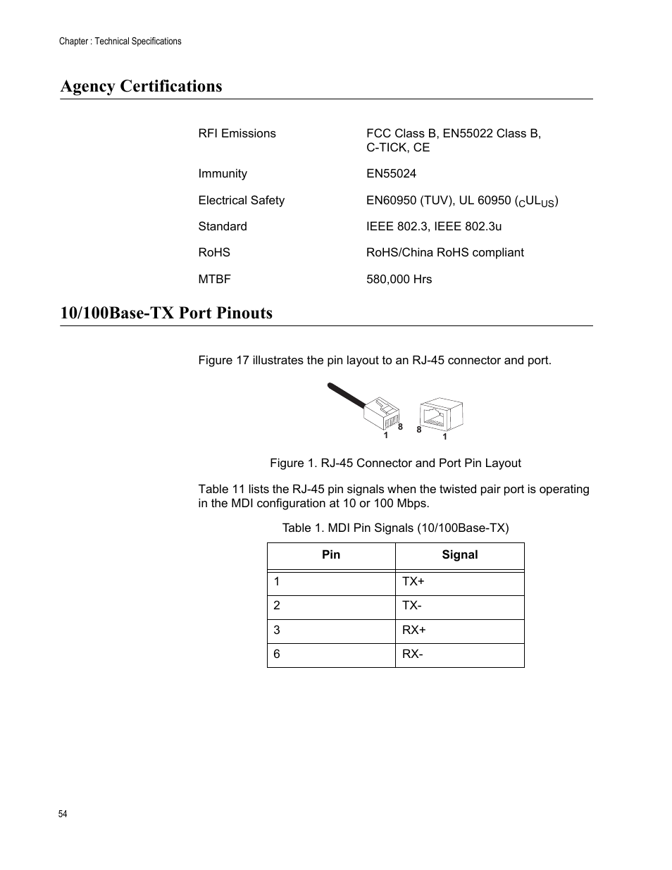 Agency certifications, 10/100base-tx port pinouts, Agency certifications 10/100base-tx port pinouts | Figure 17. rj-45 connector and port pin layout, Table 11. mdi pin signals (10/100base-tx) | Allied Telesis AT-PC232/POE User Manual | Page 54 / 62
