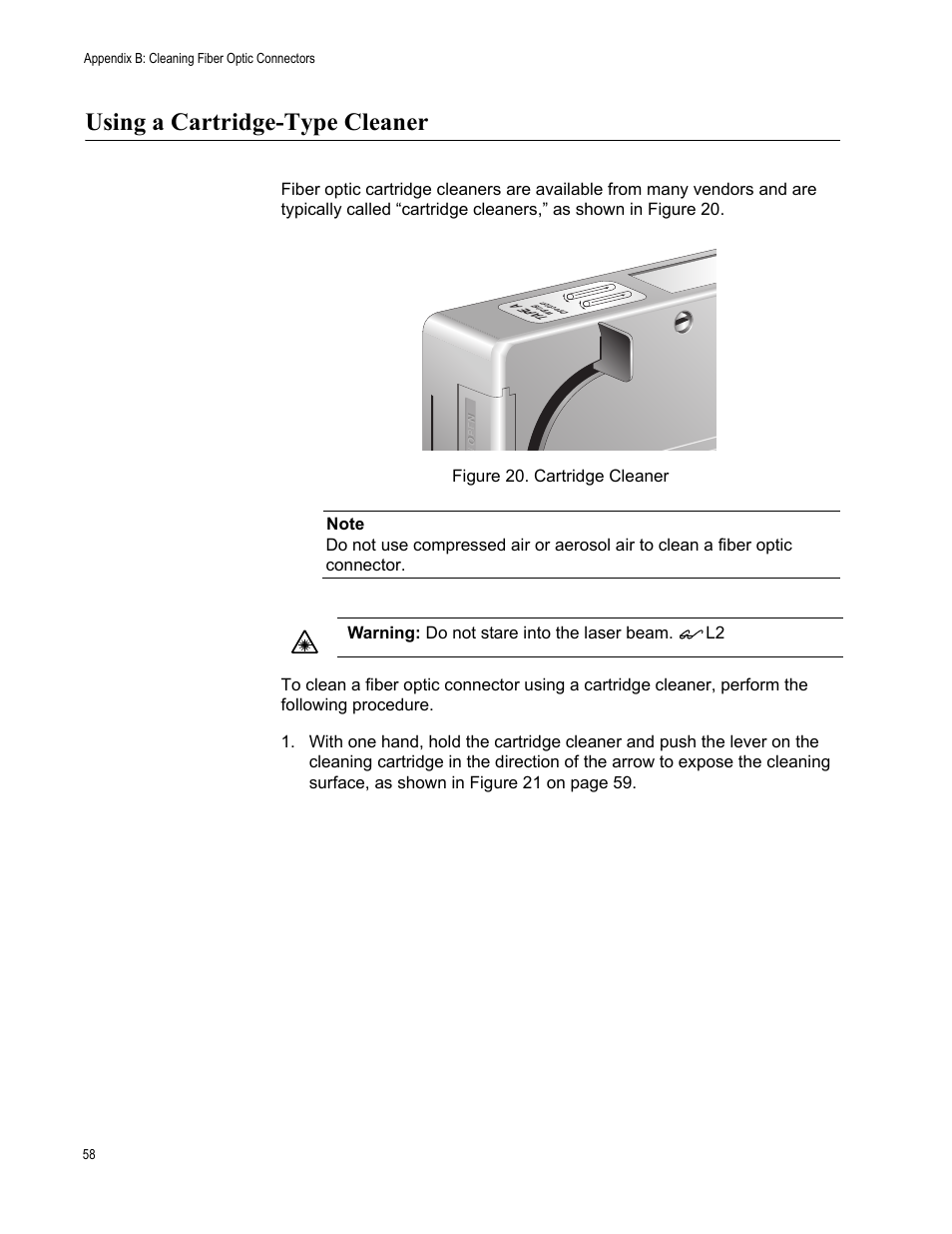 Using a cartridge-type cleaner, Figure 20. cartridge cleaner | Allied Telesis AT-PC232/POE User Manual | Page 58 / 62