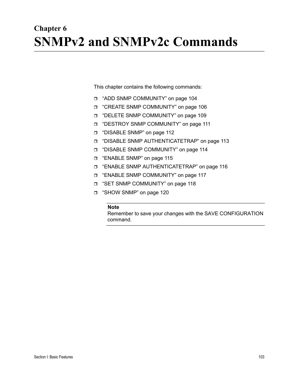 Chapter 6, Snmpv2 and snmpv2c commands, R 6: snmpv2 and snmpv2c commands | Allied Telesis AT-S63 User Manual | Page 103 / 468