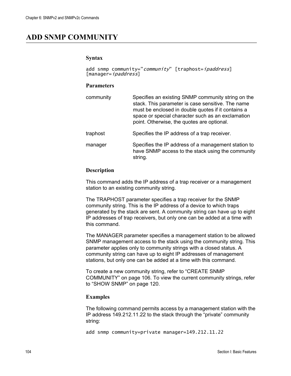 Add snmp community | Allied Telesis AT-S63 User Manual | Page 104 / 468