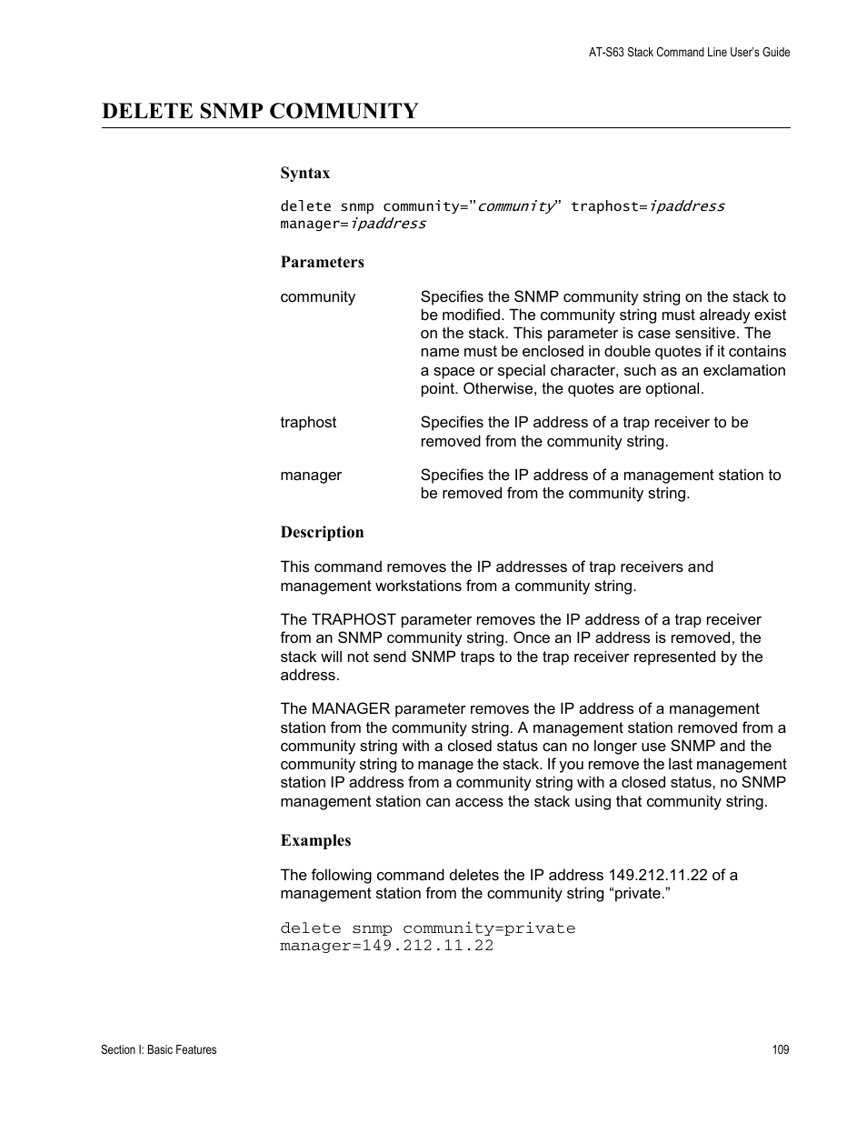 Delete snmp community | Allied Telesis AT-S63 User Manual | Page 109 / 468