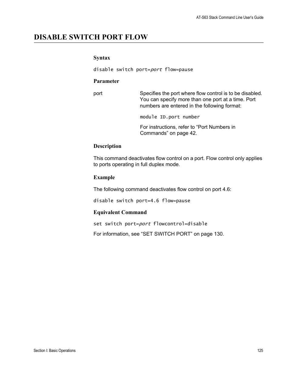 Disable switch port flow | Allied Telesis AT-S63 User Manual | Page 125 / 468