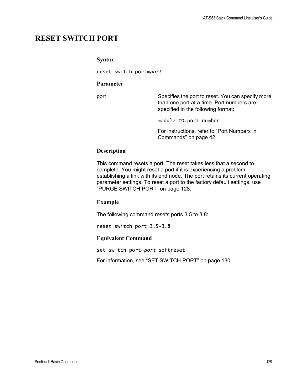 Reset switch port | Allied Telesis AT-S63 User Manual | Page 129 / 468