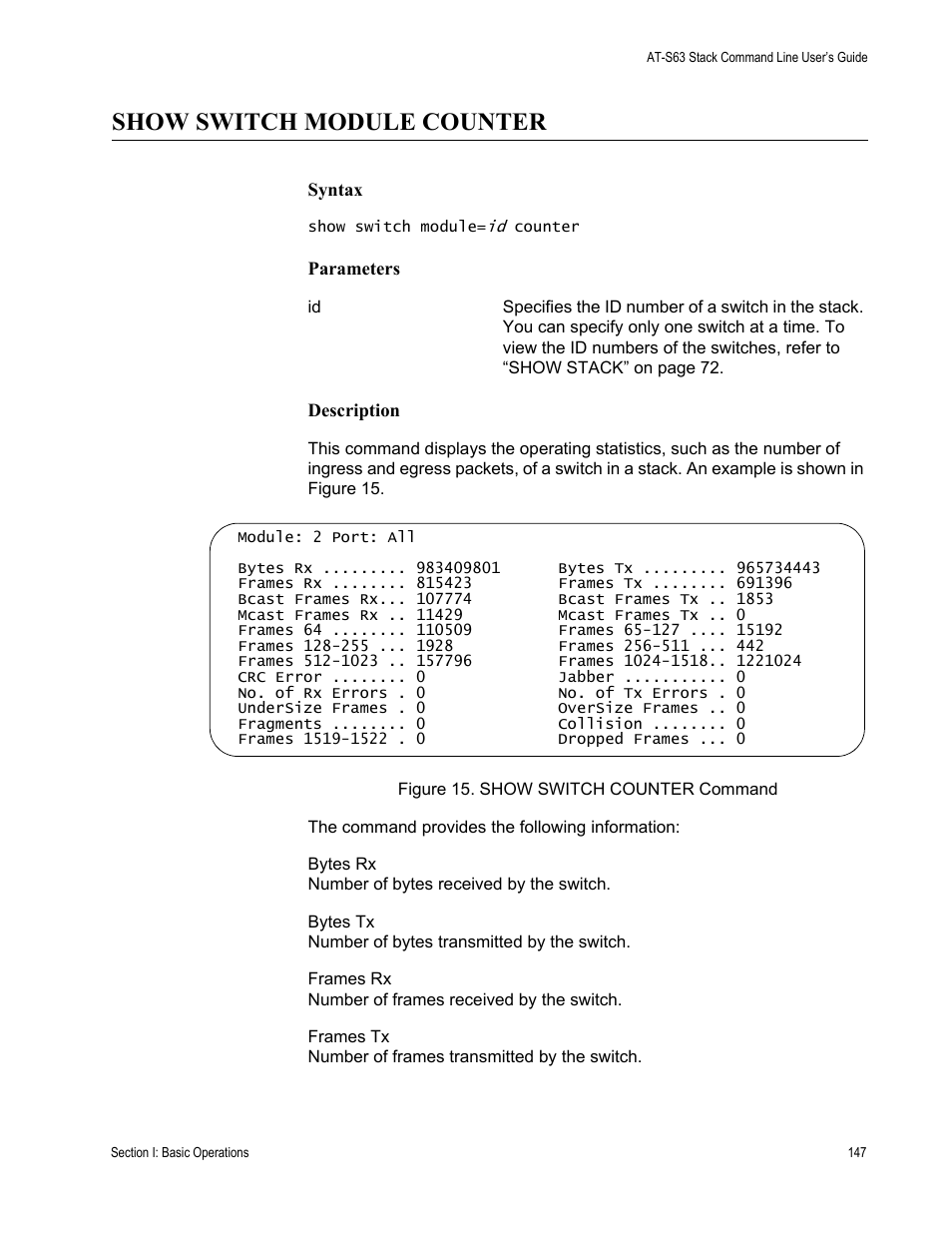 Show switch module counter | Allied Telesis AT-S63 User Manual | Page 147 / 468