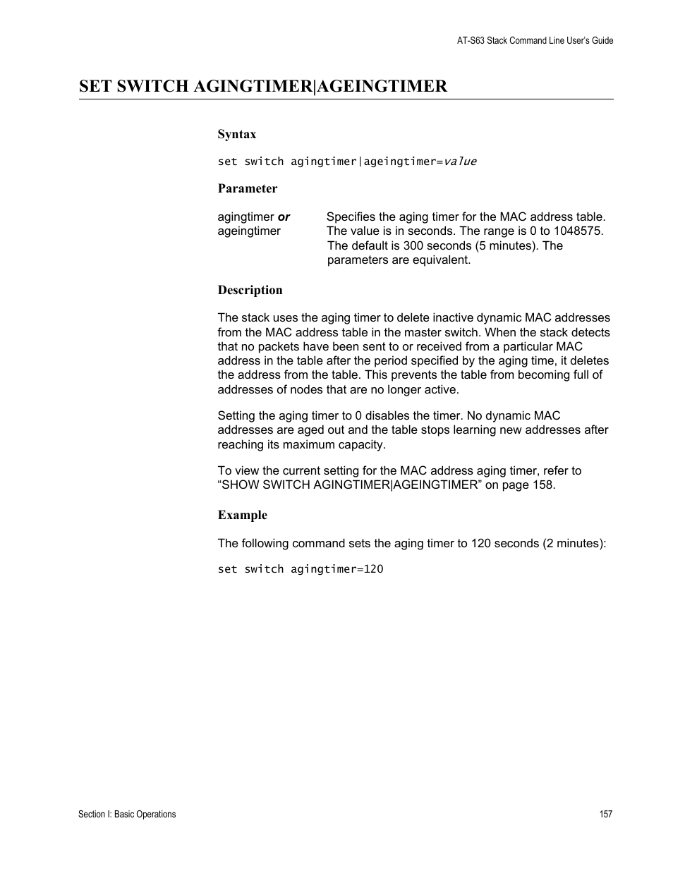 Set switch agingtimer|ageingtimer | Allied Telesis AT-S63 User Manual | Page 157 / 468