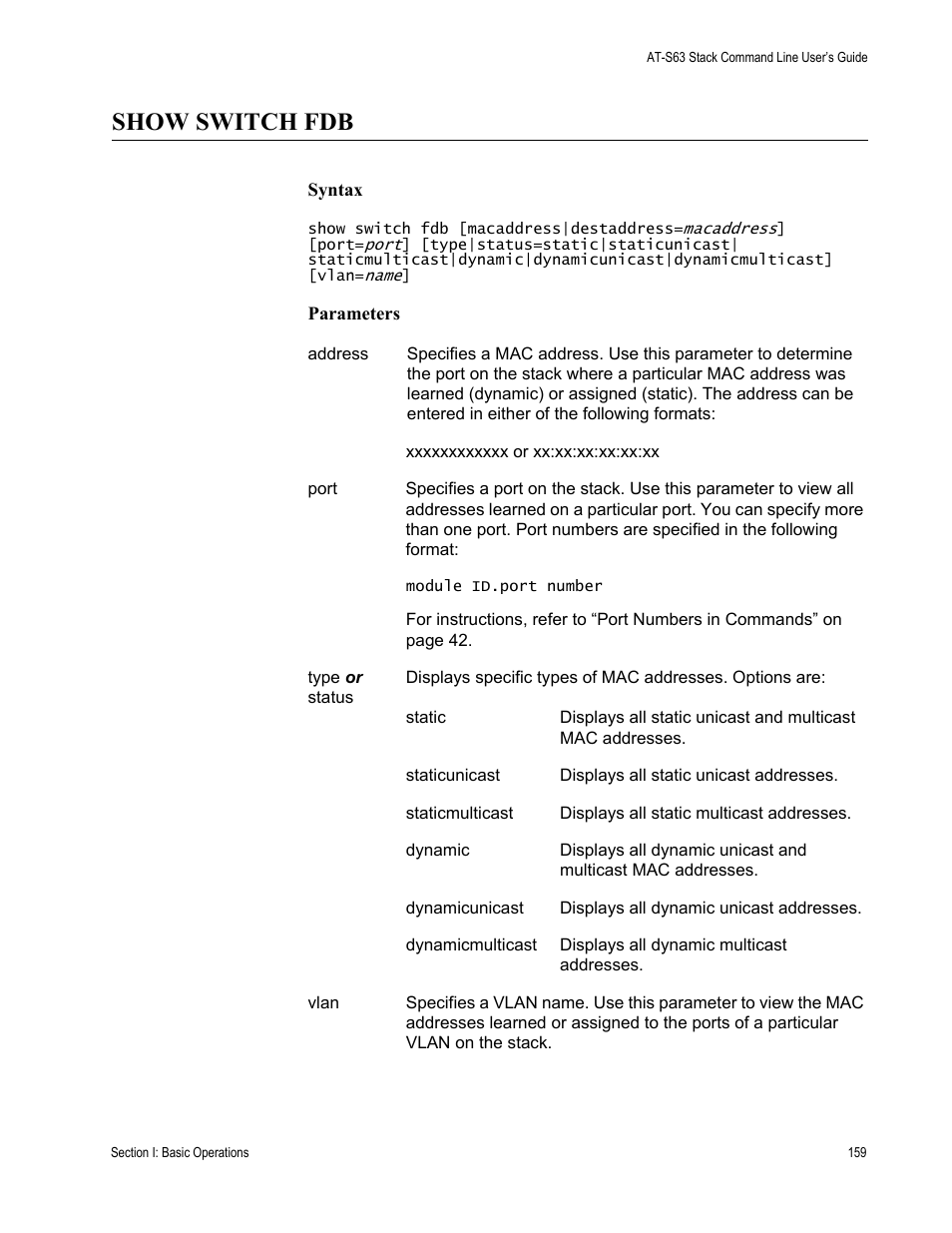 Show switch fdb | Allied Telesis AT-S63 User Manual | Page 159 / 468