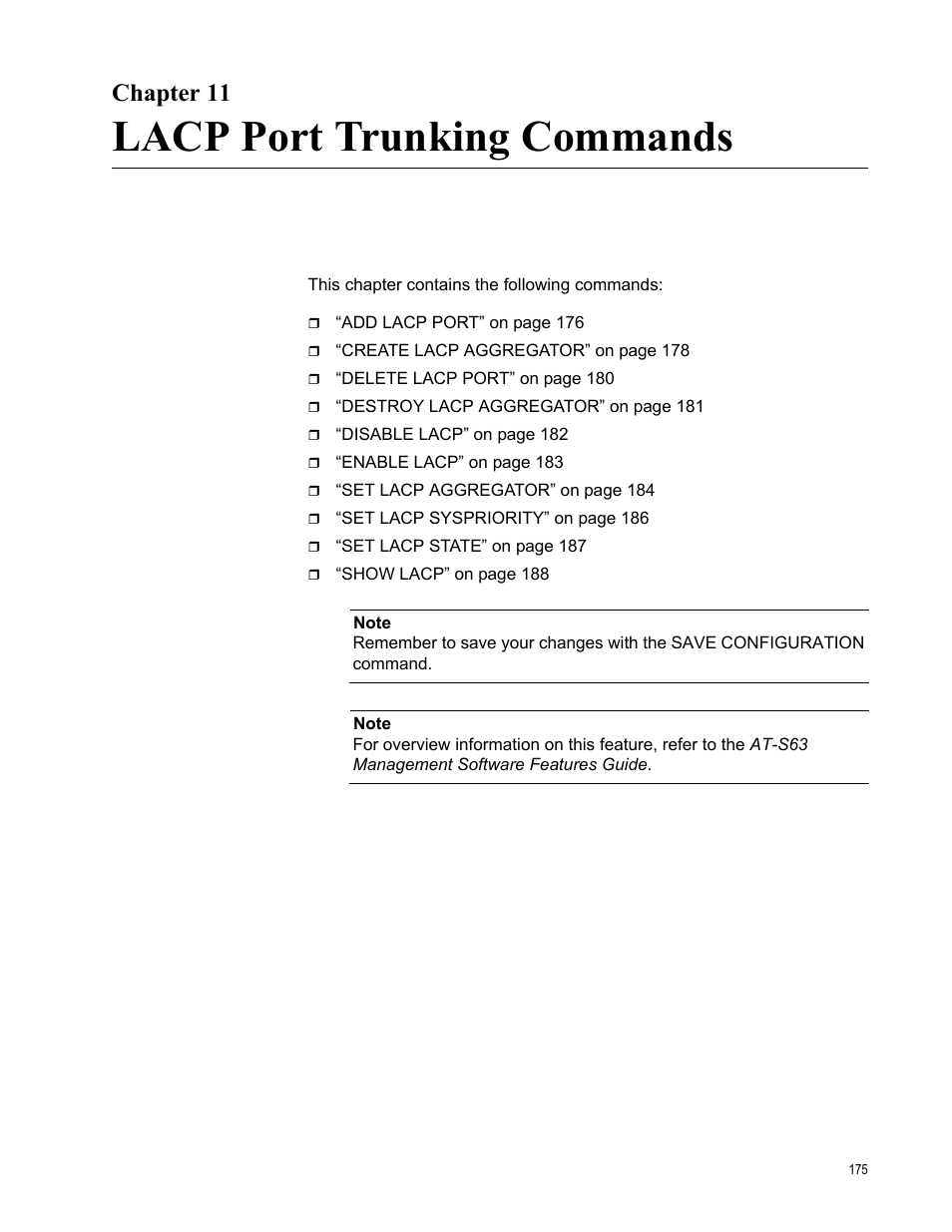 Chapter 11, Lacp port trunking commands | Allied Telesis AT-S63 User Manual | Page 175 / 468