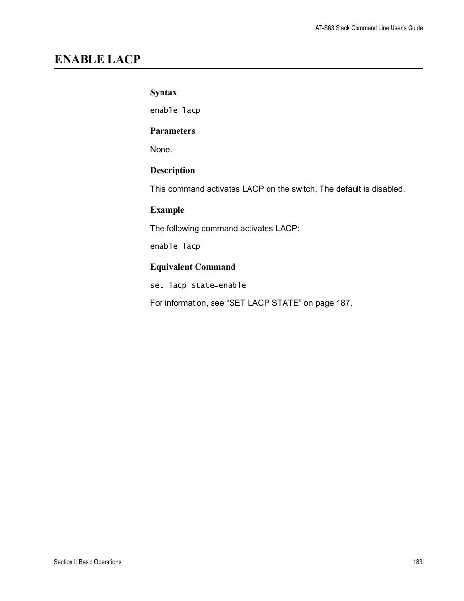 Enable lacp | Allied Telesis AT-S63 User Manual | Page 183 / 468
