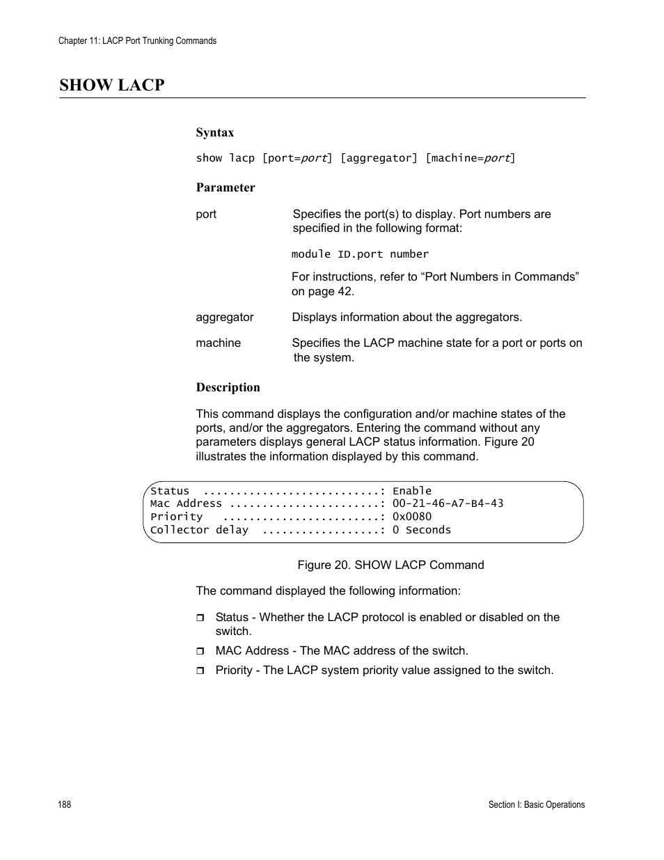 Show lacp | Allied Telesis AT-S63 User Manual | Page 188 / 468