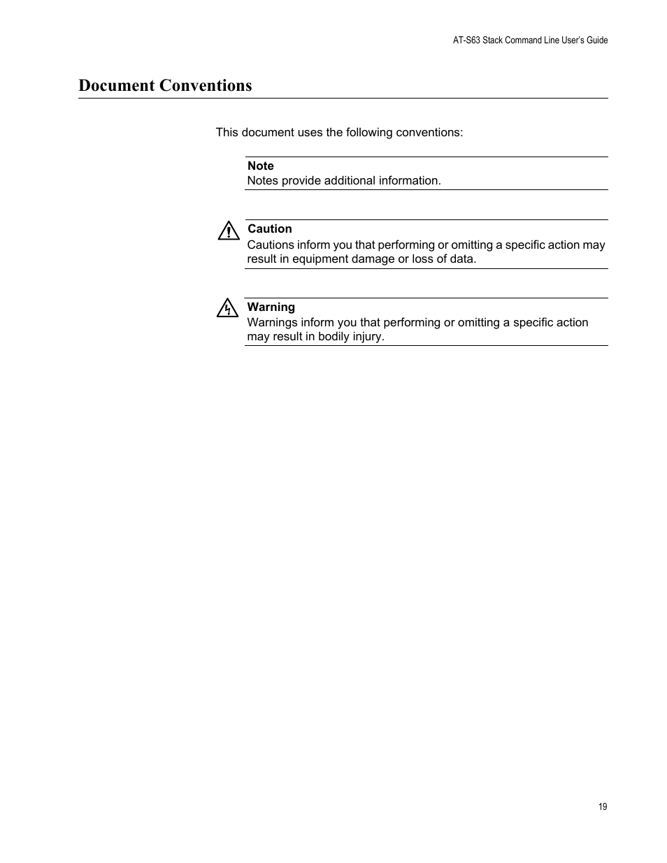 Document conventions | Allied Telesis AT-S63 User Manual | Page 19 / 468