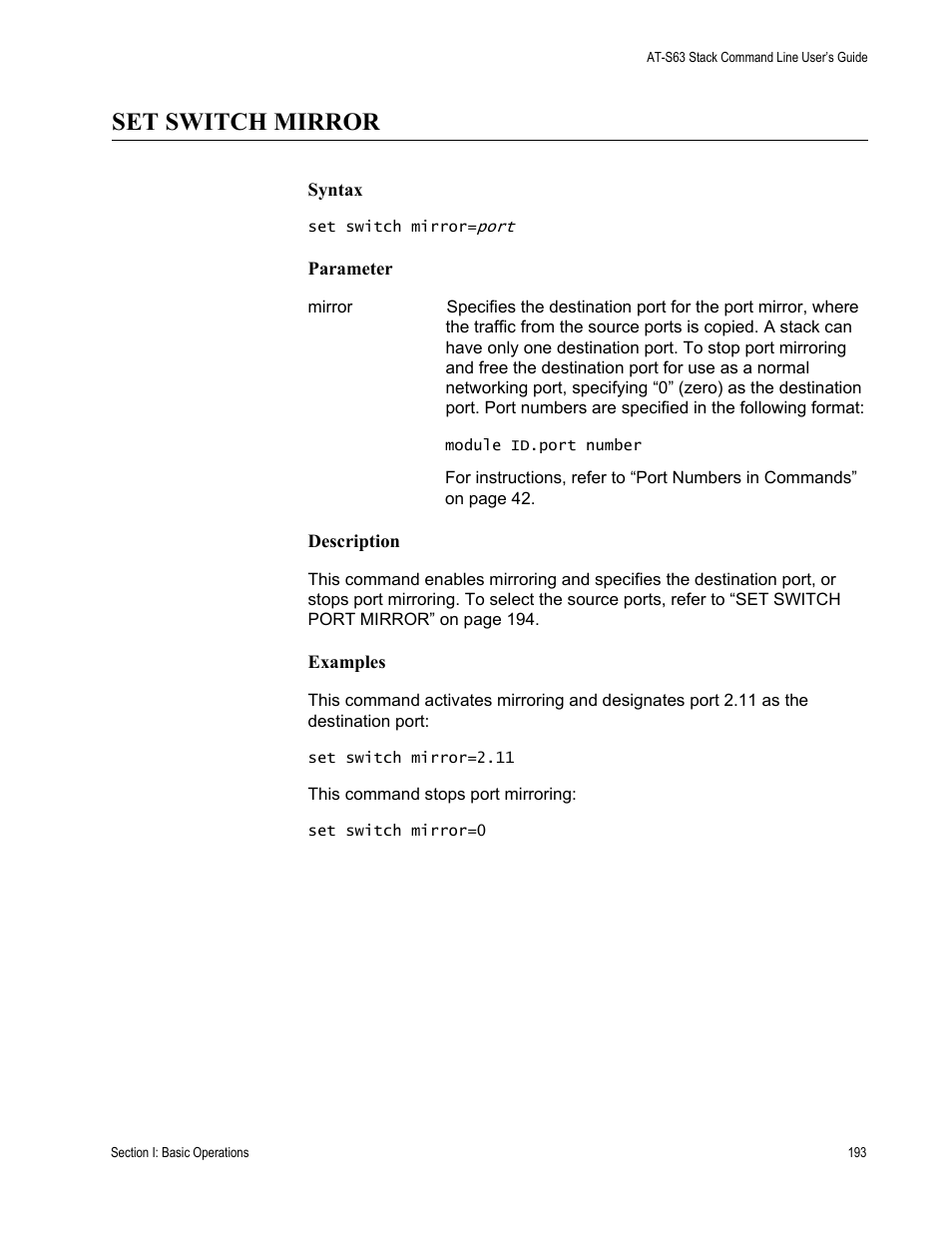 Set switch mirror | Allied Telesis AT-S63 User Manual | Page 193 / 468