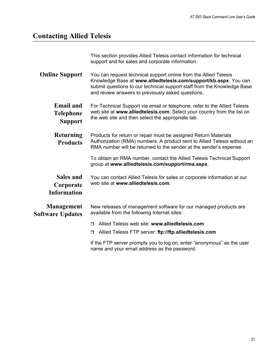 Contacting allied telesis, Online support, Email and telephone support | Returning products, Sales and corporate information, Management software updates | Allied Telesis AT-S63 User Manual | Page 21 / 468