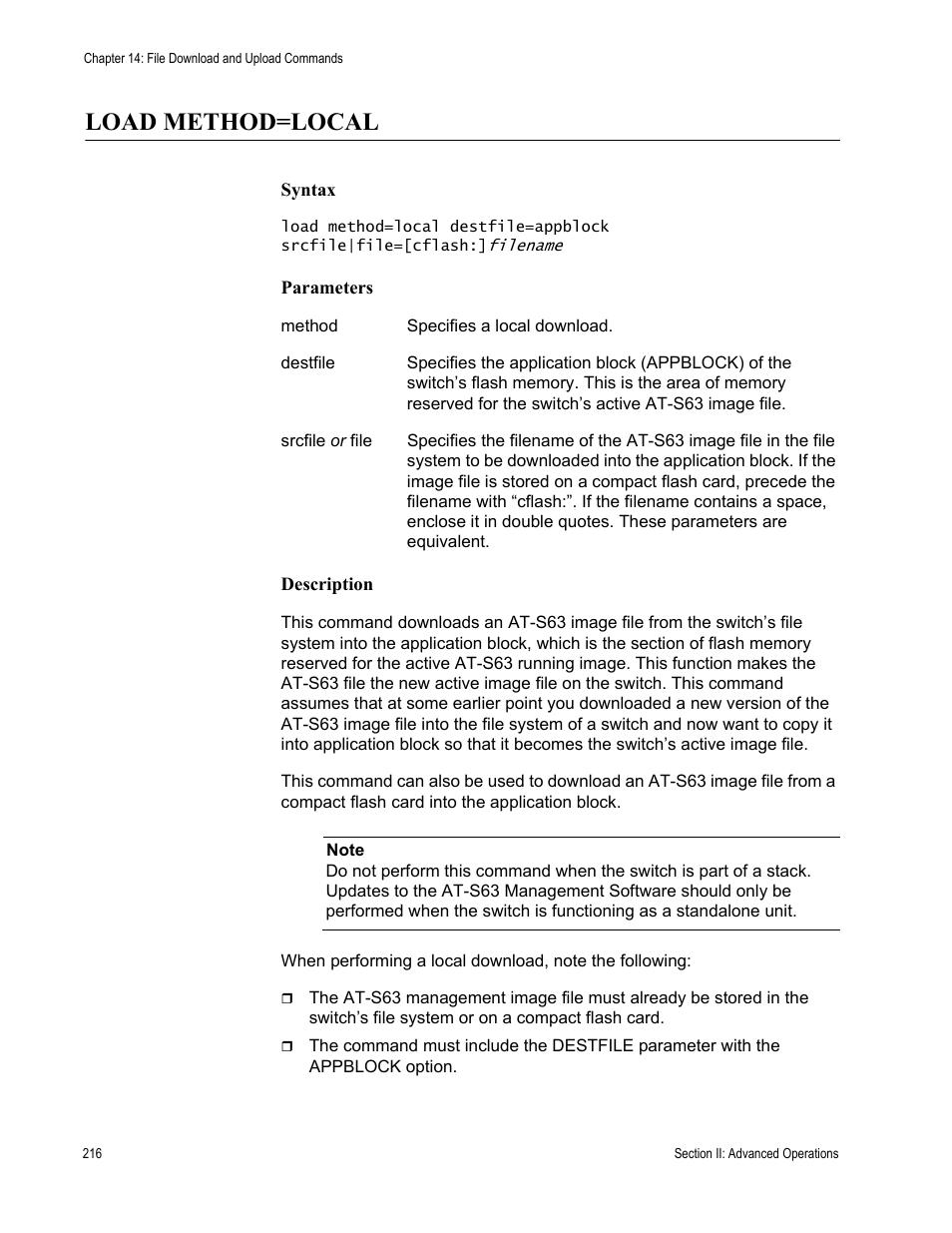 Load method=local | Allied Telesis AT-S63 User Manual | Page 216 / 468