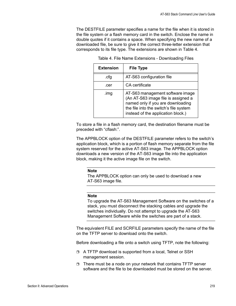 Table 4. file name extensions - downloading files | Allied Telesis AT-S63 User Manual | Page 219 / 468