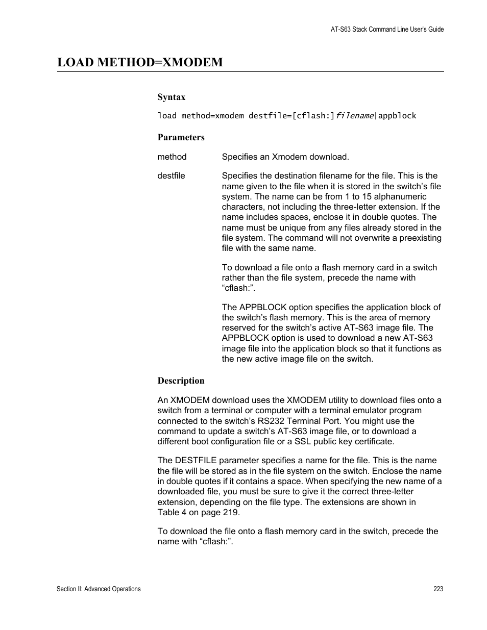 Load method=xmodem | Allied Telesis AT-S63 User Manual | Page 223 / 468