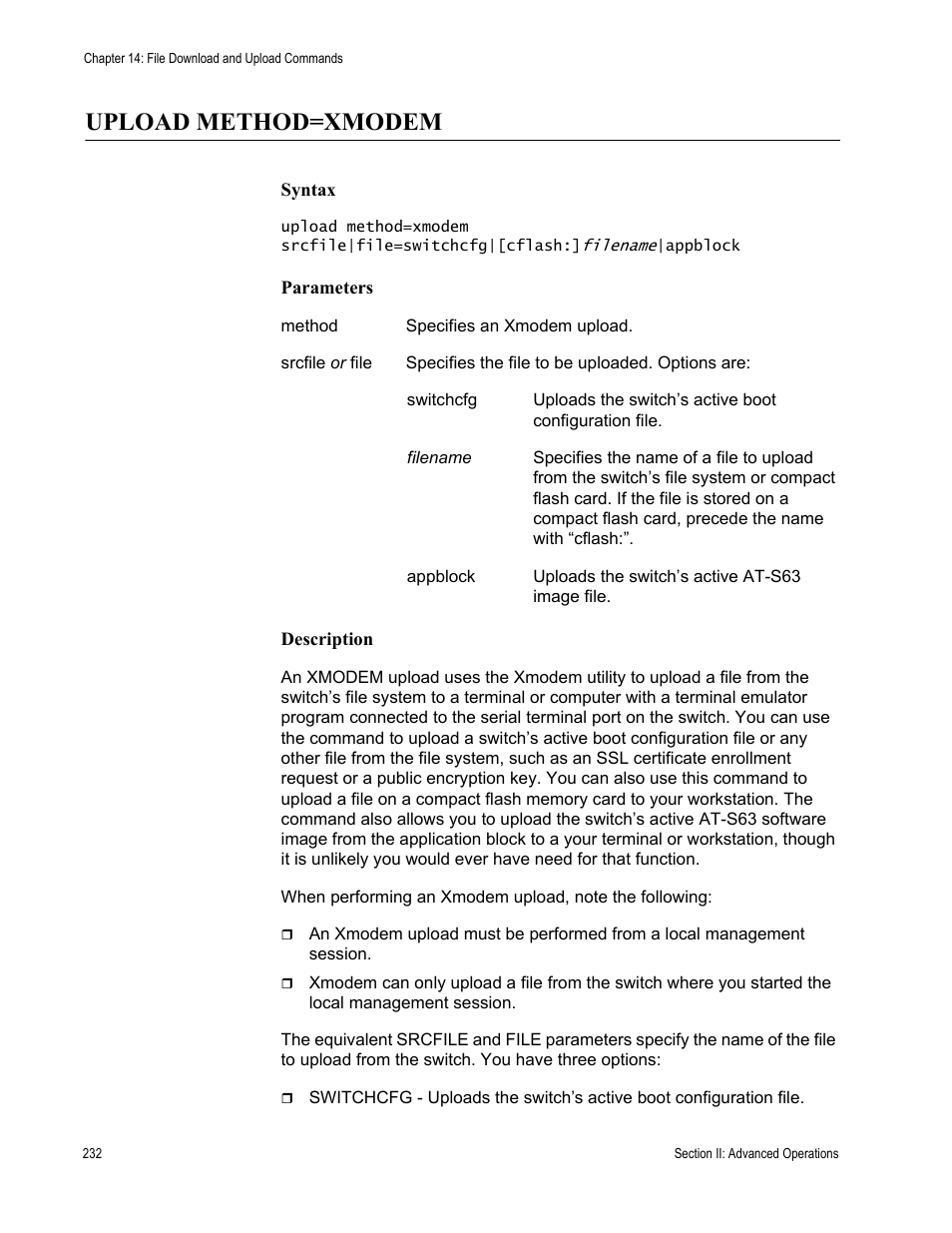 Upload method=xmodem | Allied Telesis AT-S63 User Manual | Page 232 / 468