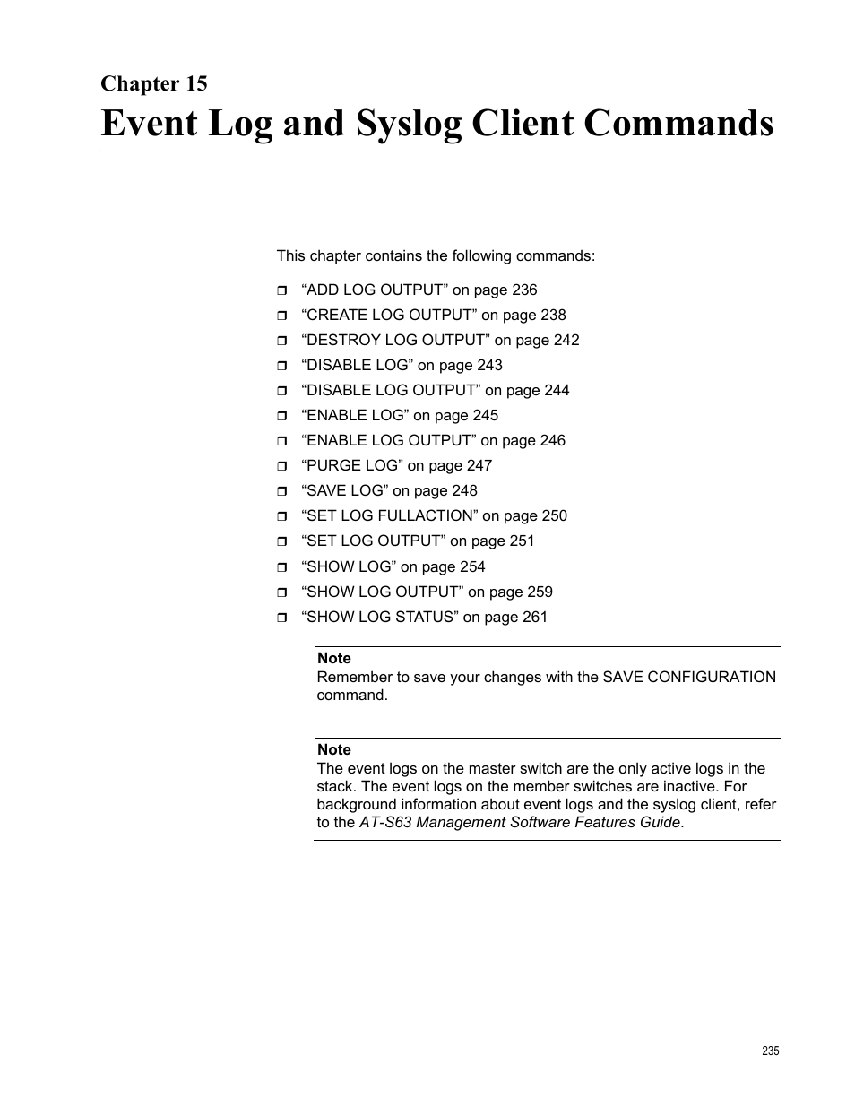 Chapter 15, Event log and syslog client commands | Allied Telesis AT-S63 User Manual | Page 235 / 468