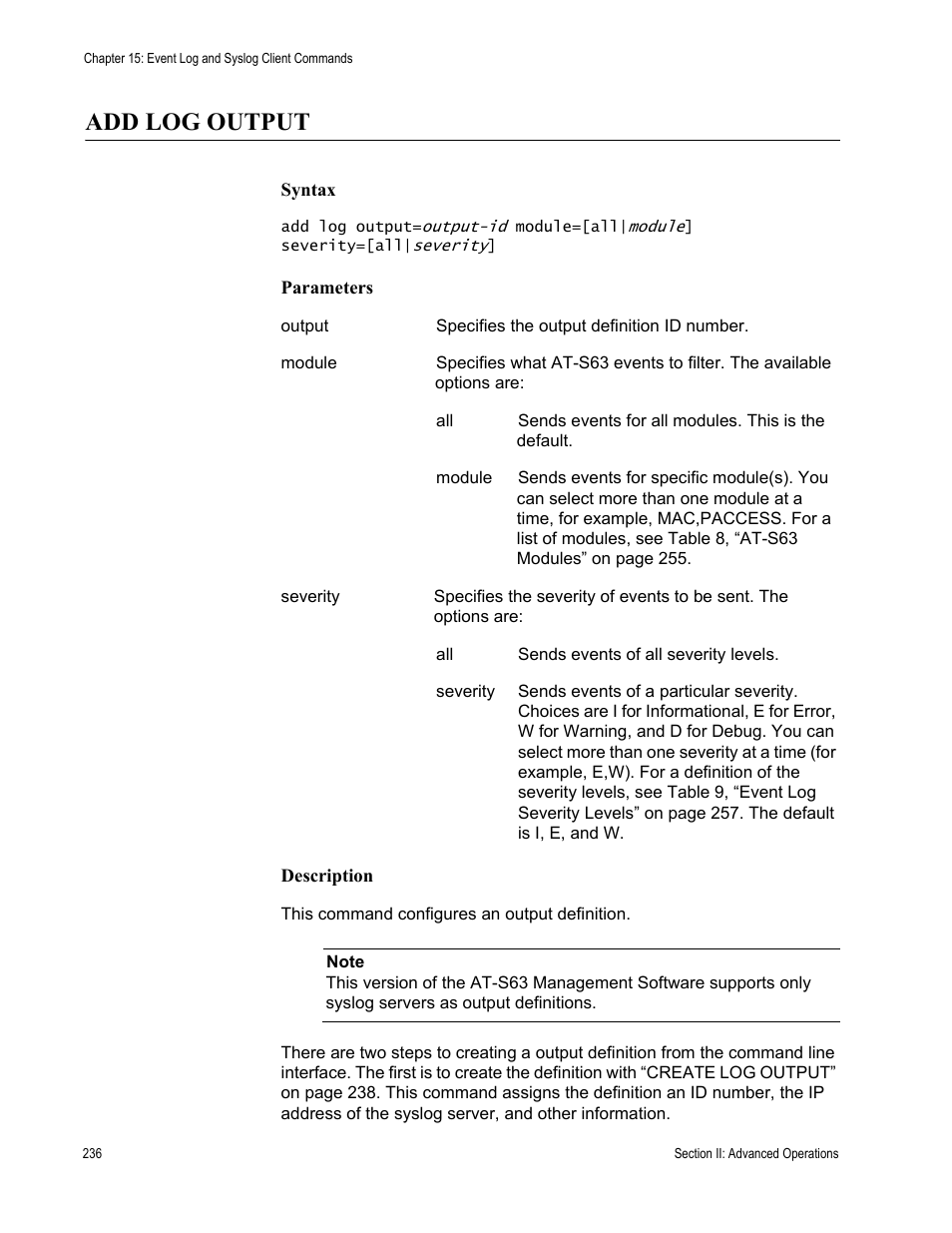 Add log output | Allied Telesis AT-S63 User Manual | Page 236 / 468