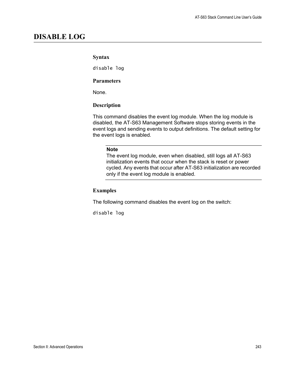 Disable log | Allied Telesis AT-S63 User Manual | Page 243 / 468