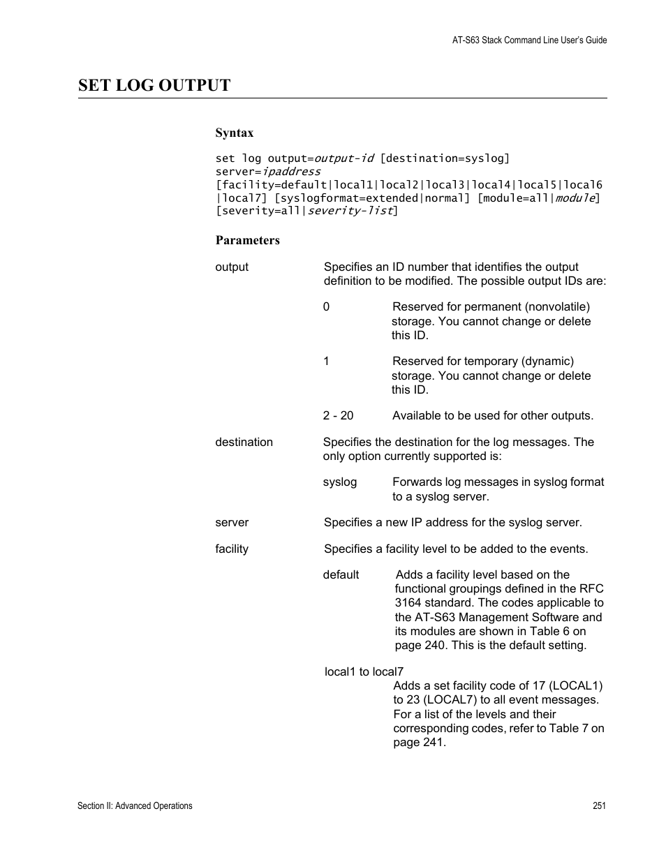 Set log output | Allied Telesis AT-S63 User Manual | Page 251 / 468