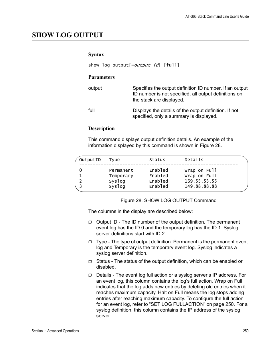 Show log output | Allied Telesis AT-S63 User Manual | Page 259 / 468