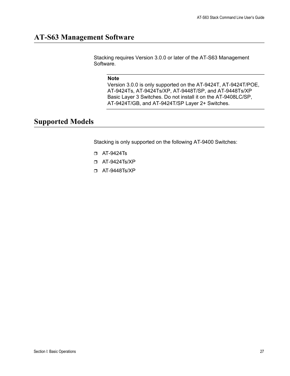 At-s63 management software, Supported models, At-s63 management software supported models | Allied Telesis AT-S63 User Manual | Page 27 / 468