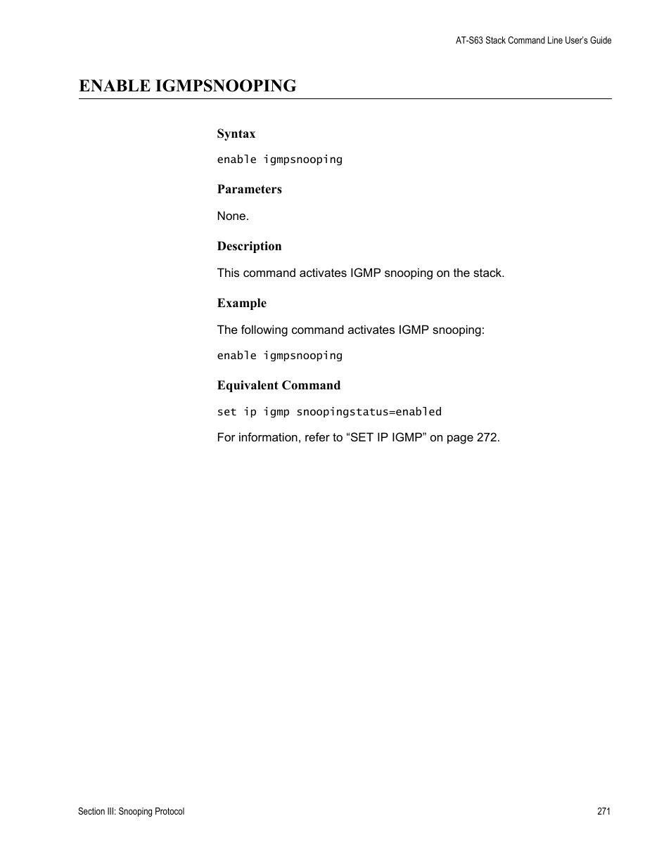 Enable igmpsnooping | Allied Telesis AT-S63 User Manual | Page 271 / 468