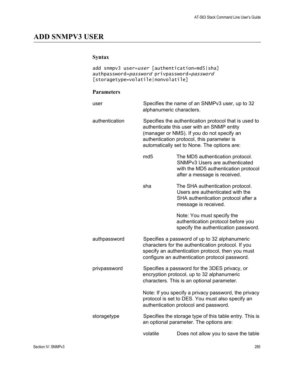 Add snmpv3 user | Allied Telesis AT-S63 User Manual | Page 285 / 468