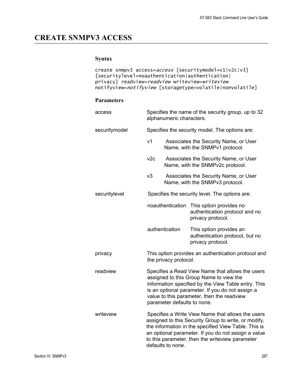 Create snmpv3 access | Allied Telesis AT-S63 User Manual | Page 287 / 468