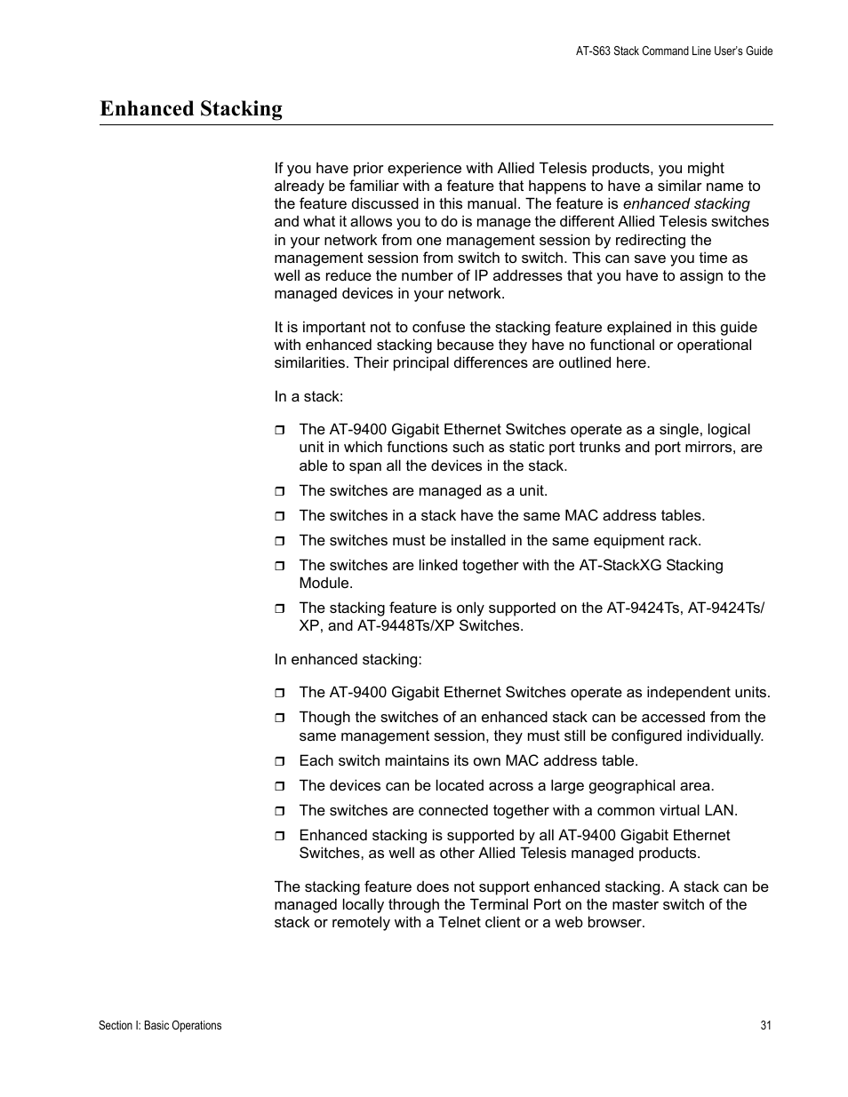 Enhanced stacking | Allied Telesis AT-S63 User Manual | Page 31 / 468