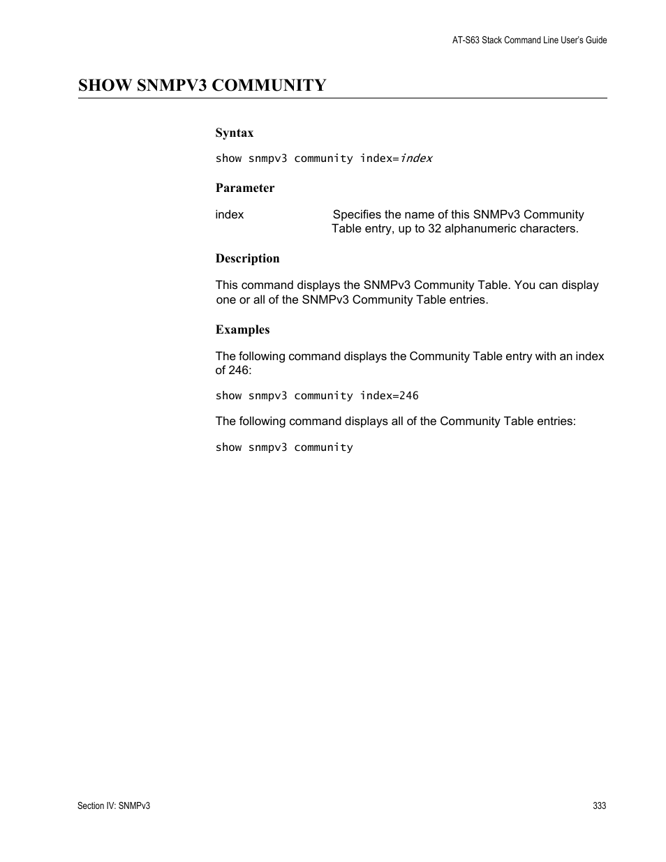 Show snmpv3 community | Allied Telesis AT-S63 User Manual | Page 333 / 468