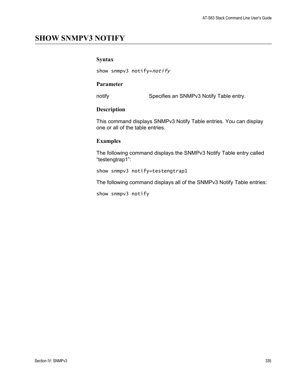 Show snmpv3 notify | Allied Telesis AT-S63 User Manual | Page 335 / 468