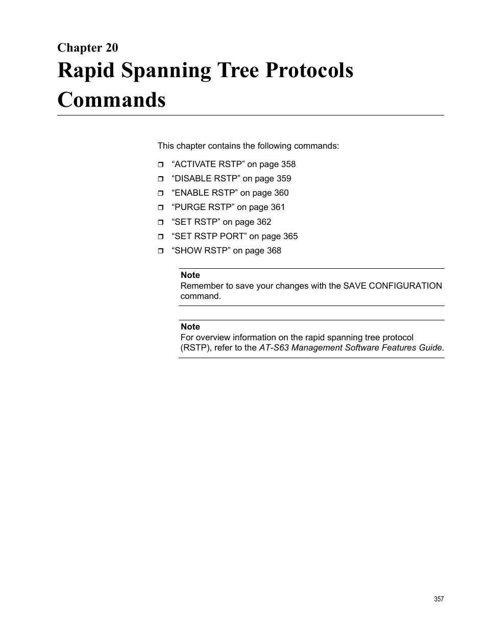 Chapter 20, Rapid spanning tree protocols commands | Allied Telesis AT-S63 User Manual | Page 357 / 468