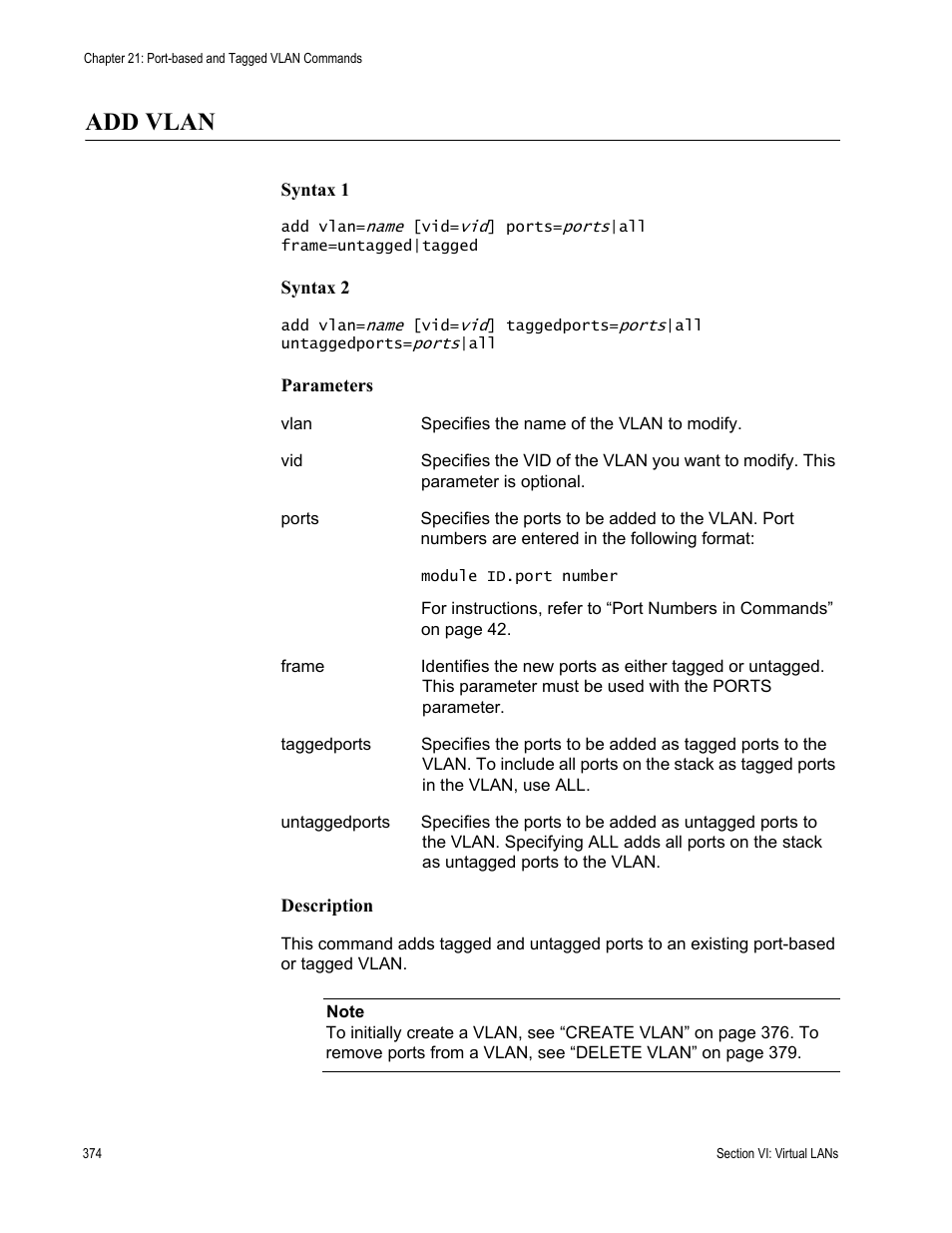 Add vlan | Allied Telesis AT-S63 User Manual | Page 374 / 468