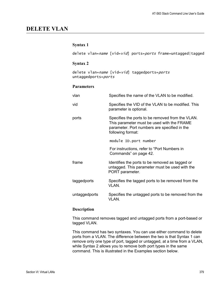 Delete vlan | Allied Telesis AT-S63 User Manual | Page 379 / 468