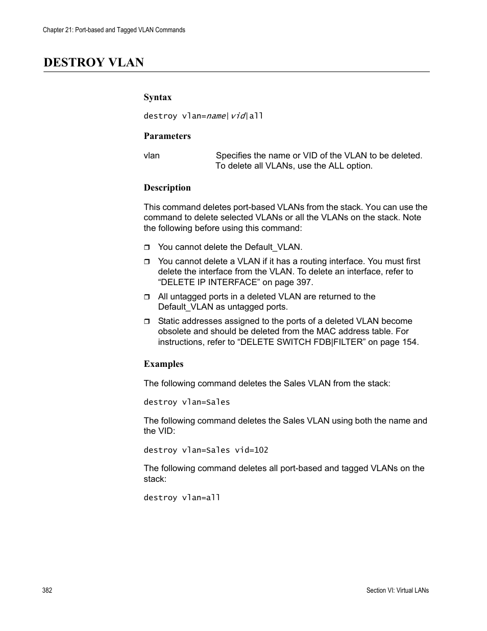 Destroy vlan | Allied Telesis AT-S63 User Manual | Page 382 / 468