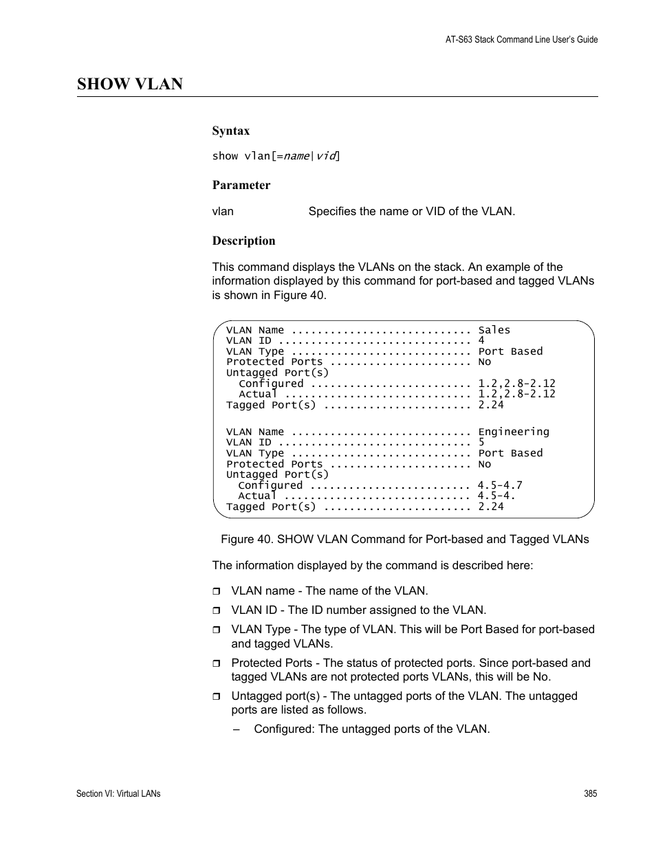 Show vlan | Allied Telesis AT-S63 User Manual | Page 385 / 468