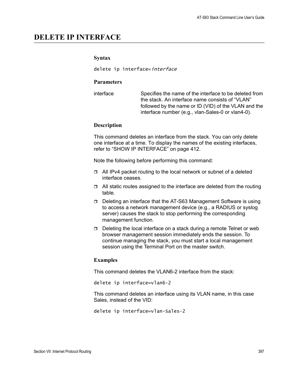 Delete ip interface | Allied Telesis AT-S63 User Manual | Page 397 / 468