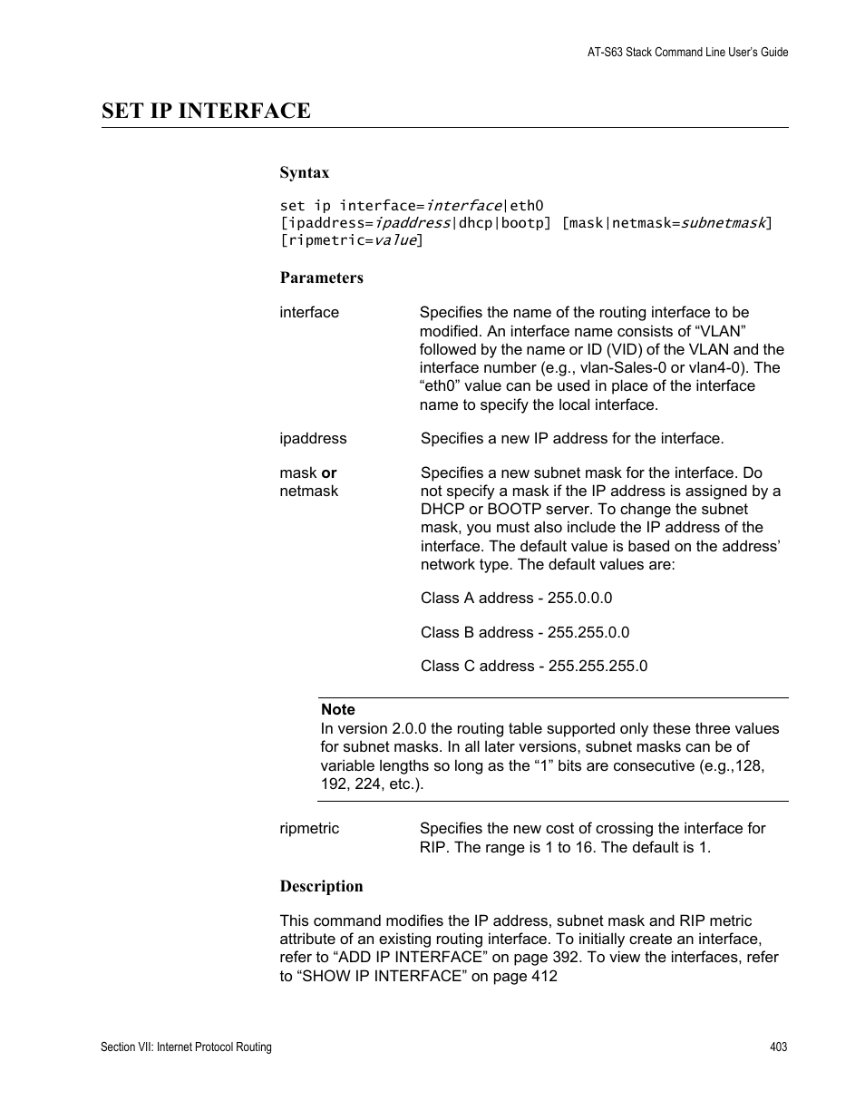 Set ip interface | Allied Telesis AT-S63 User Manual | Page 403 / 468