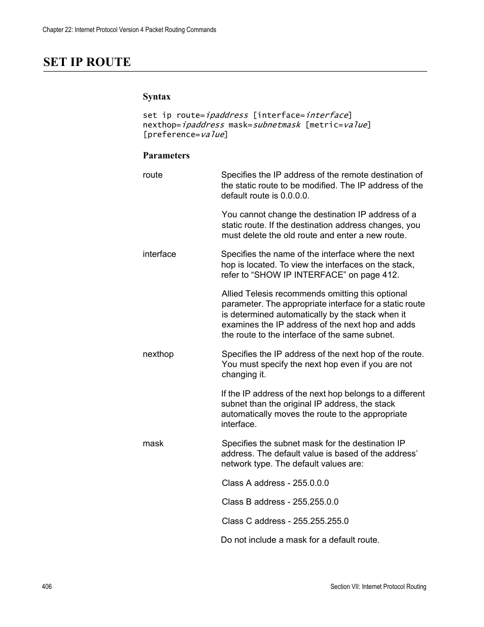 Set ip route | Allied Telesis AT-S63 User Manual | Page 406 / 468